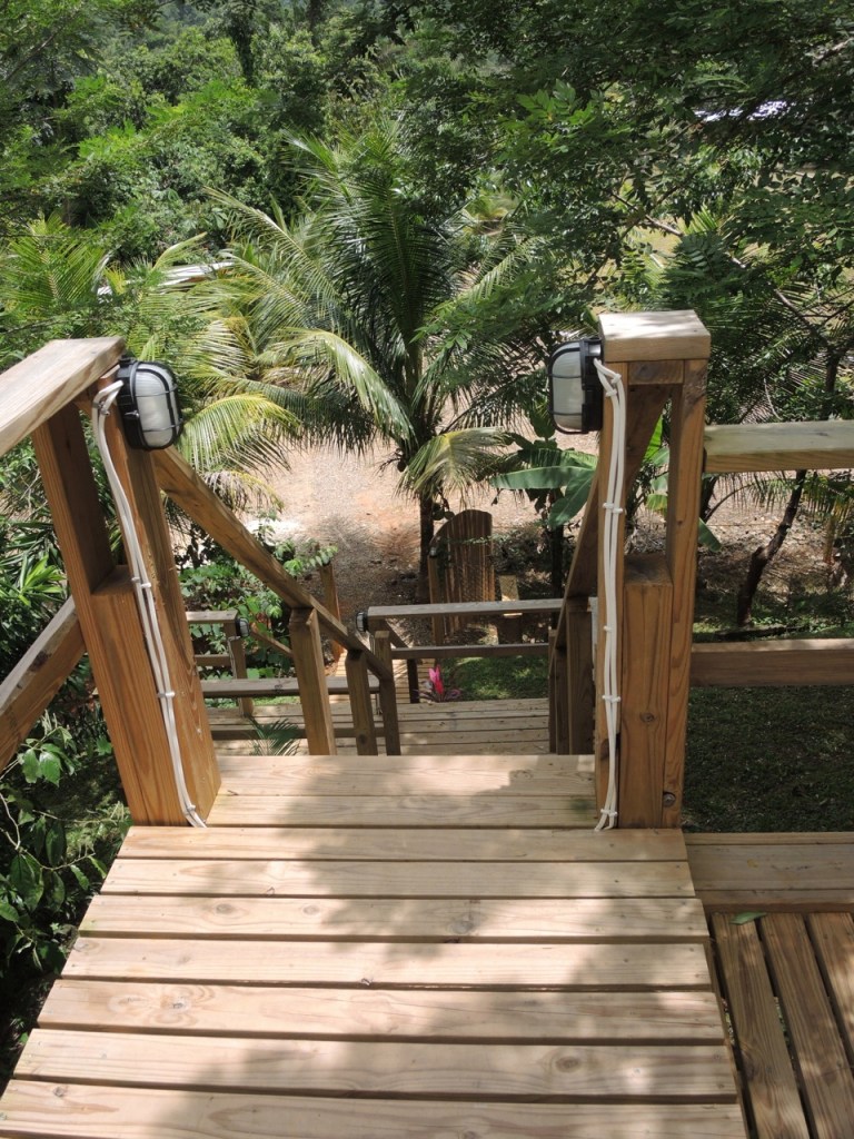 The stairs up to the main dining and lounging areas.