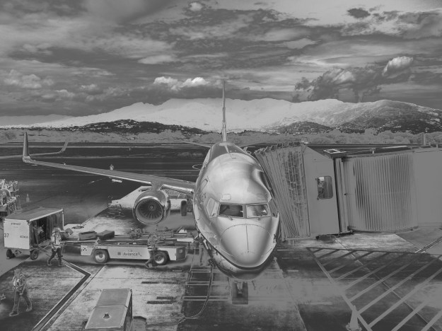 A neat black-and-white image of our airplane.