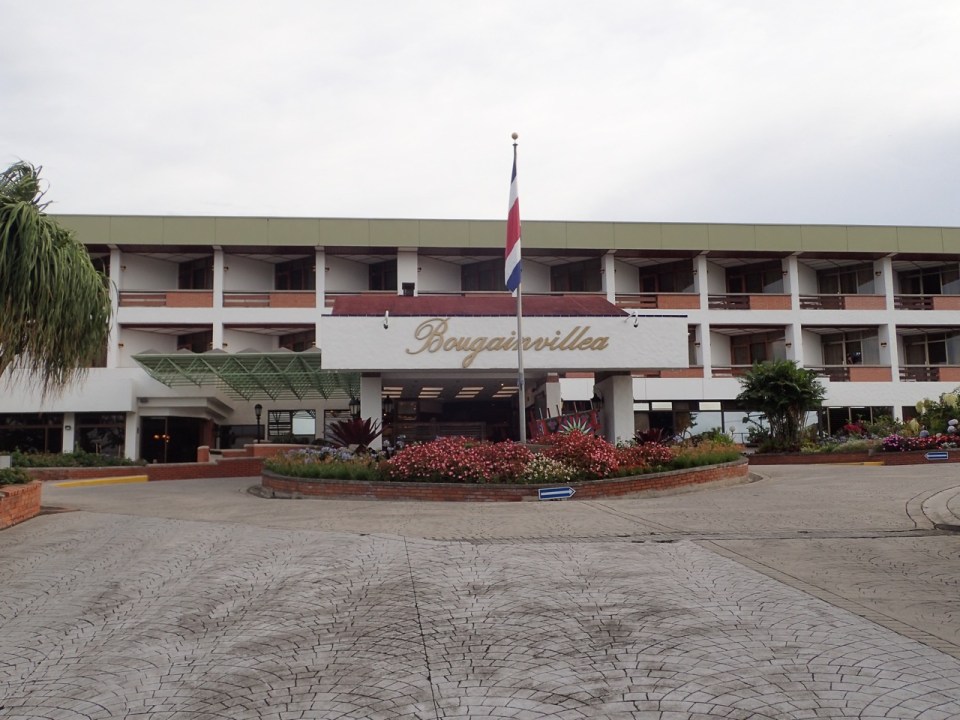 The front entrance of the Hotel Bougainvillea in Santo Domingo, Costa Rica.